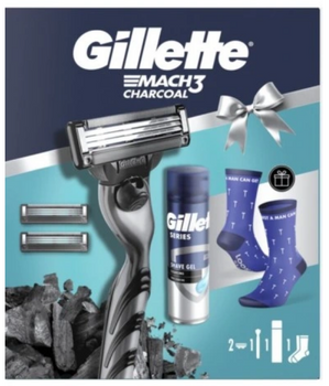 Gillette Zestaw dla mężczyzn Mach3 Charcoal Maszynka do golenia Żel Skarpety