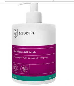 Mediclean 420 Scrub 500 ml - Antybakteryjne mydło w płynie do mycia rąk i całego ciała Bezzapachowe Medisept